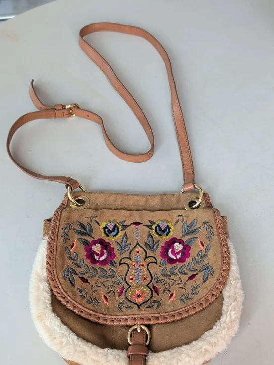 UGG Tan Suede Crossbody with Floral Embroidery Wool Trim Roomy Chic Lightweight - Picture 2 of 13